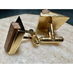 Vintage Wood Inlay Cufflinks Gold Tone Square Geometric Mens Modernist